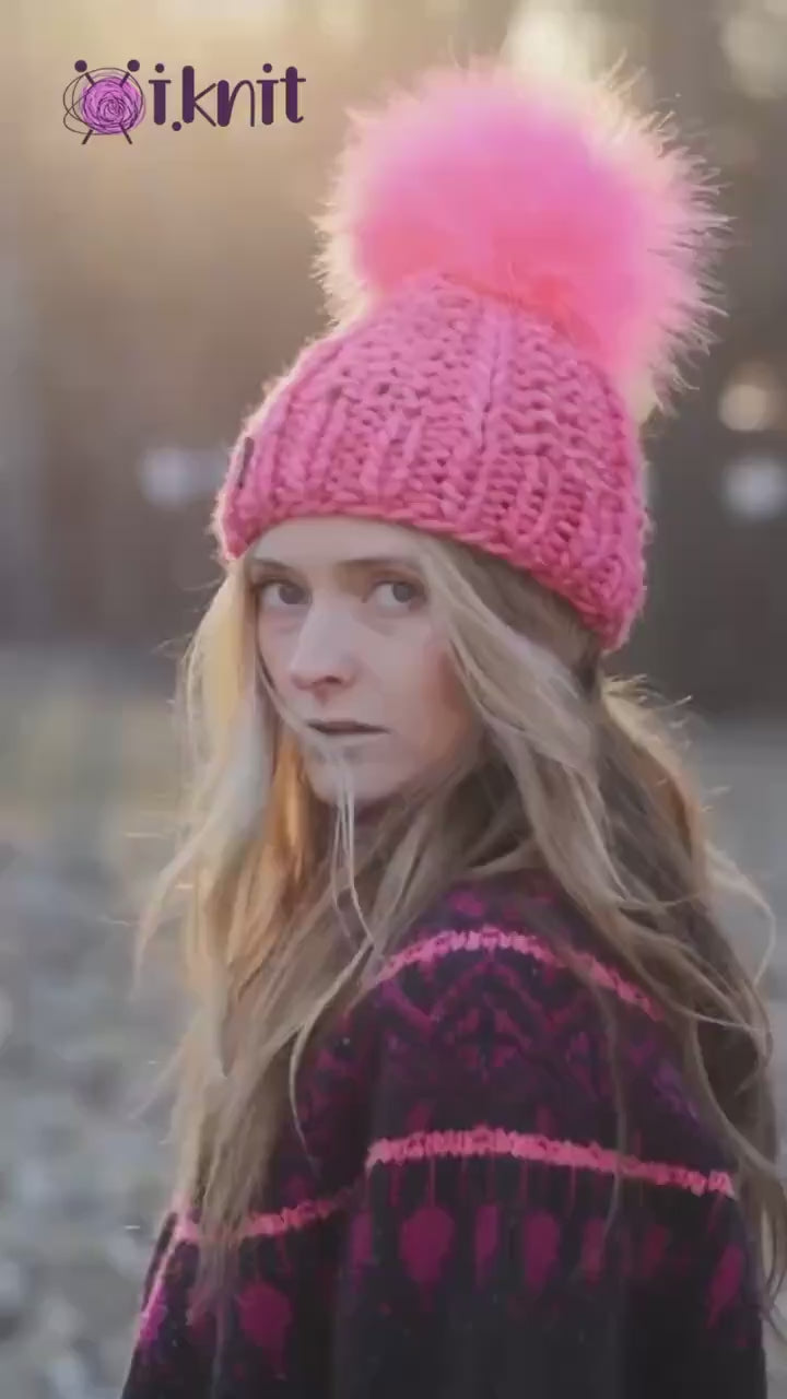 ELECTRIC PINK Chunky Knit Beanie
